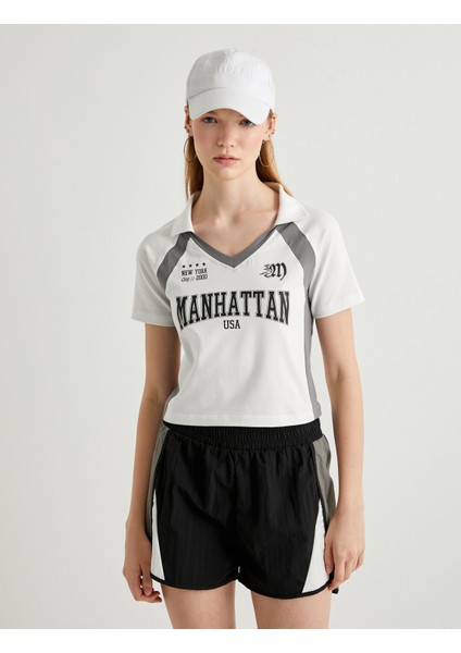 Crop Polo Tişört V Yaka Kısa Kollu Slim Fit