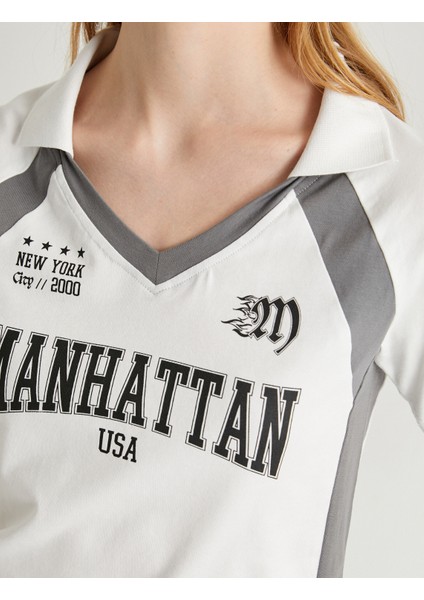 Crop Polo Tişört V Yaka Kısa Kollu Slim Fit