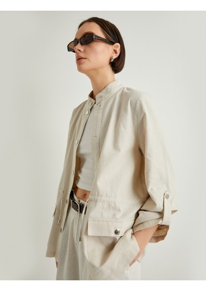 Mevsimlik Ceket Keten Karışımlı Dik Yaka Çıtçıt Kapama Katlamalı Kollu