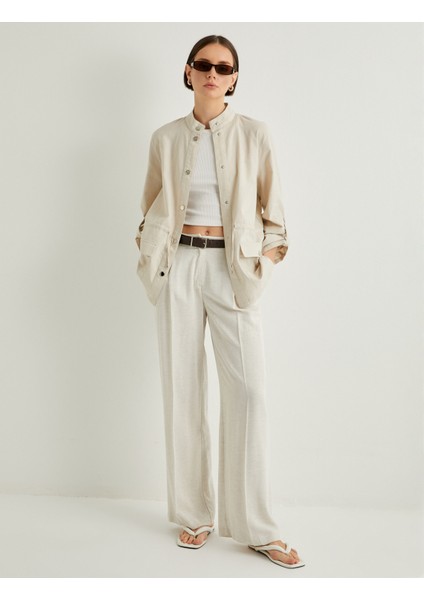 Mevsimlik Ceket Keten Karışımlı Dik Yaka Çıtçıt Kapama Katlamalı Kollu fiyatları