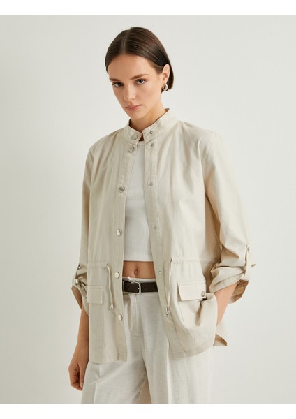 Mevsimlik Ceket Keten Karışımlı Dik Yaka Çıtçıt Kapama Katlamalı Kollu modelleri