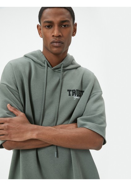 Spor Oversize Kapşonlu Sweatshirt Slogan Baskılı Kısa Kollu Uzun Boy
