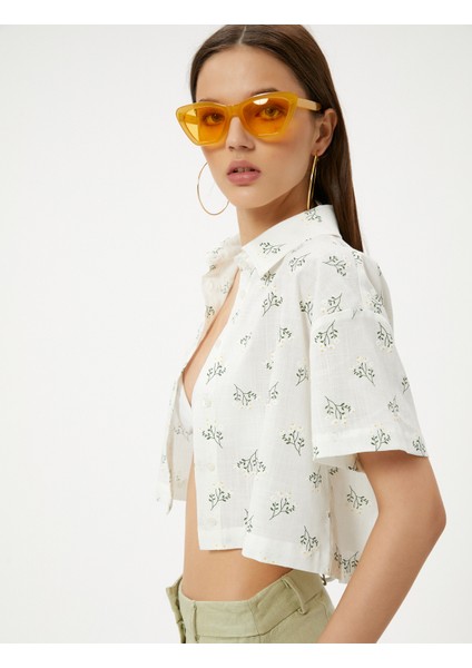 Crop Gömlek Kısa Kollu Pamuklu Floral Desenli fiyatları