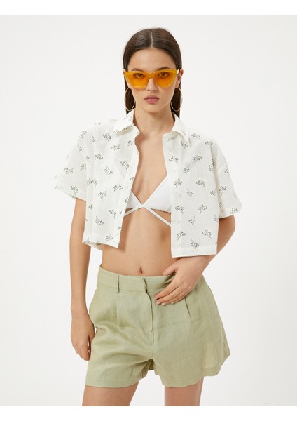 Crop Gömlek Kısa Kollu Pamuklu Floral Desenli modelleri