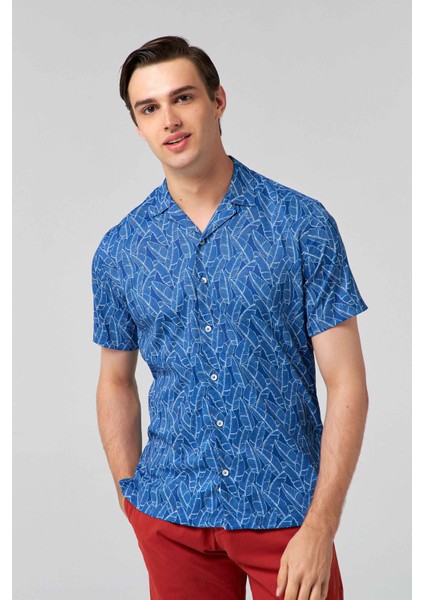 Slim Fit Lacivert Baskılı Gömlek