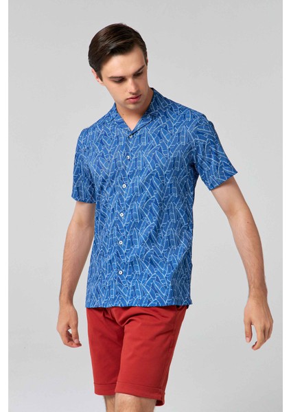 Slim Fit Lacivert Baskılı Gömlek
