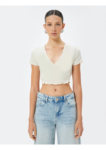 Crop Kruvaze Bluz Dokuma Kısa Kollu Bağlama Detaylı Slim Fit