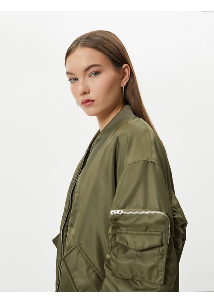 Bomber Ceket Kapaklı Çift Cep Kolej Yaka Fermuarlı