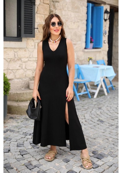 Kadın Kalın Askılı V Yaka Yırtmaç Detay Viskon Elbise modelleri