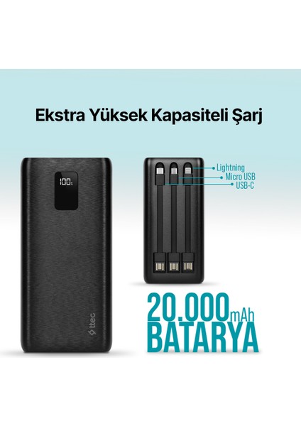 PowerSlim Trio LCD 20.000mAh PD 22,5W Dahili Kablolu Taşınabilir Şarj Aleti / Powerbank