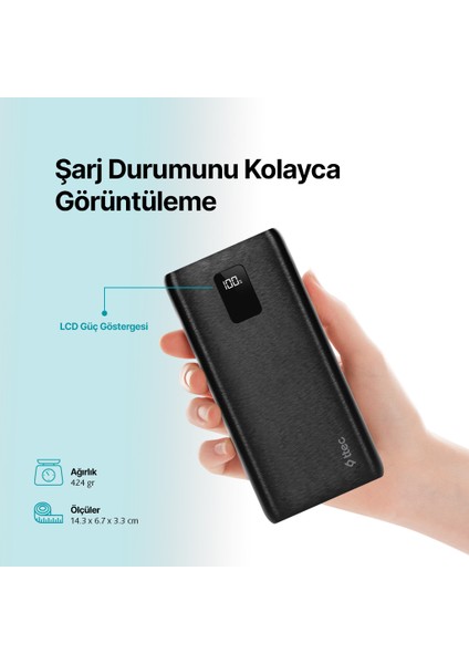 PowerSlim Trio LCD 20.000mAh PD 22,5W Dahili Kablolu Taşınabilir Şarj Aleti / Powerbank