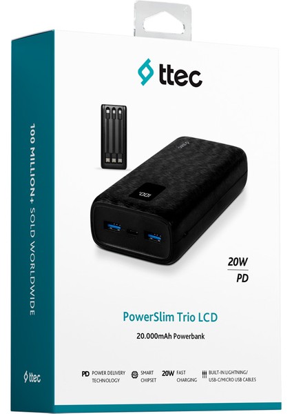 PowerSlim Trio LCD 20.000mAh PD 22,5W Dahili Kablolu Taşınabilir Şarj Aleti / Powerbank