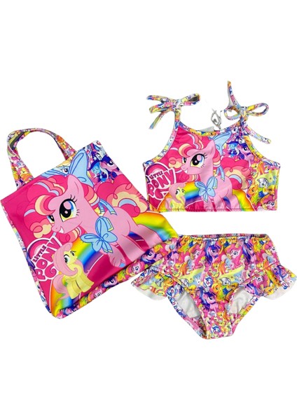 Kız Çocuk Çantalı Fırfırlı My Little Pony Baskılı Üçlü Bikini Takımı