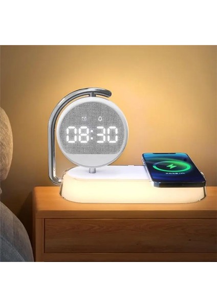 3in1 Çalar Saatli, LED Işıklı, 15W Kablosuz Şarj Aleti, Gece Lambalı, Akım ve Isı Korumalı
