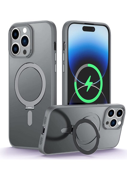 Apple iPhone 15 Pro Max Uyumlu Kılıf Zebana First Class Standlı Magsafe Silikon Kılıf Gri