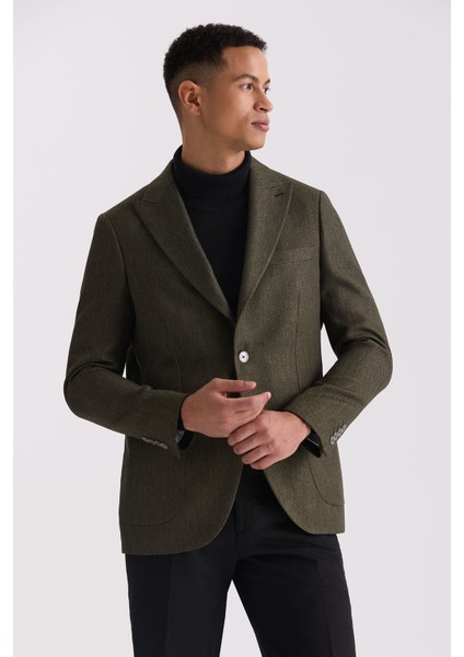 Haki Slim Fit Sivri Yaka Erkek Ceket