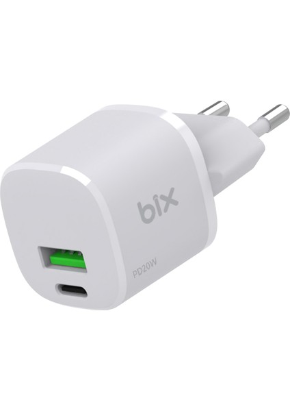 BX2P20G Gan Pd 20W Type-C ve Usb-A Qc 18W Çift Portlu Akım Korumalı Mini Hızlı Şarj Cihazı Beyaz