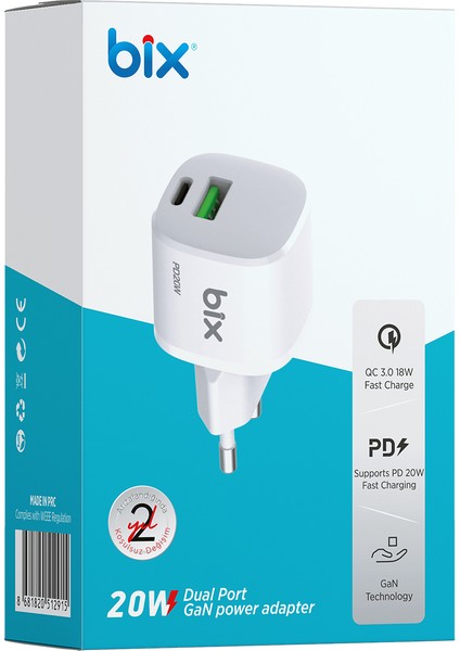 BX2P20G Gan Pd 20W Type-C ve Usb-A Qc 18W Çift Portlu Akım Korumalı Mini Hızlı Şarj Cihazı Beyaz