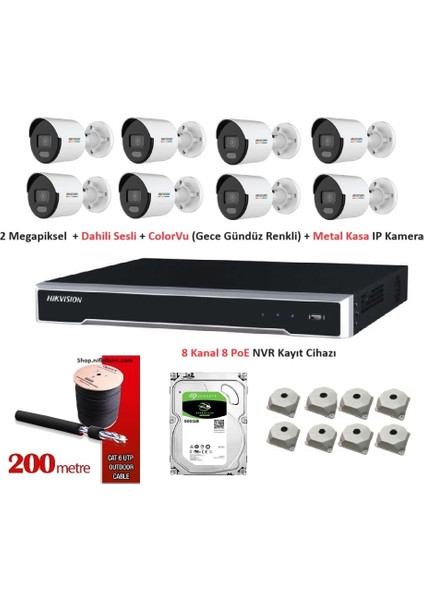 2mp Mikrofonlu 8 Kameralı 500 GB Disk Tak Çalıştır Hazır Colorvu Gece Renkli Görüntü Ip Kamera Seti