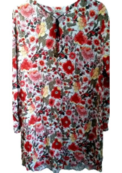 Kadın Çok Renkli Çiçekli Kırmızı Büzgü Kollu Tunik fiyatları