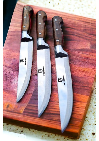 Çeyiz Mutfak Bıçak Seti Et Sebze Ekmek Bıçağı Sürmene 3 Parça Ahşap Sap ( 25 cm