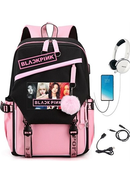 Black Pink USB Şarj Edilebilir Çok Fonksiyonlu Büyük Kapasiteli Su Geçirmez Sırt Çantası (Yurt Dışından)