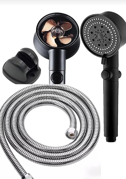 Turbo Pervaneli 5 Fonksiyonlu Siyah Duş Başlığı El Duşu ve 150 cm Krom Hortum
