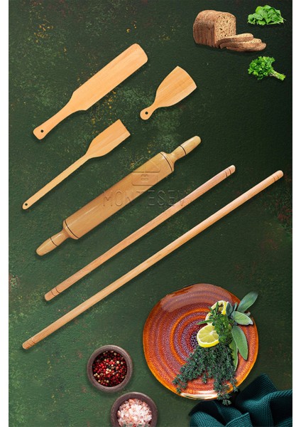 Zümrüt Serisi Ahşap Hamur Açma Oklavası Merdanesi Börek Seti 6 Lı Set Zmrset4