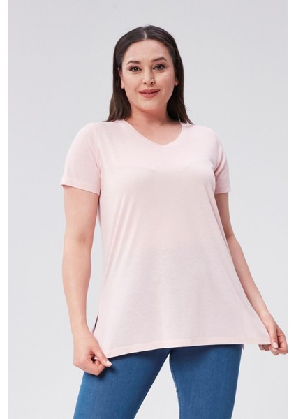 Sea Moda Büyük Beden V Yaka Yırtmaçlı Pamuk Basic Tshirt-Pudra Pembe