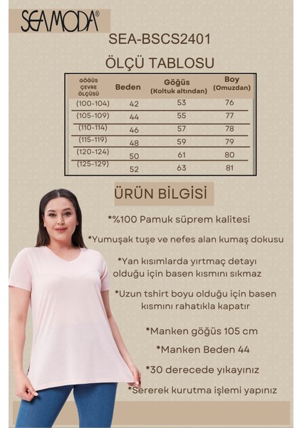 Sea Moda Büyük Beden V Yaka Yırtmaçlı Pamuk Basic Tshirt-Pudra Pembe