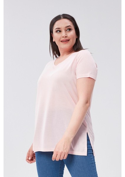 Sea Moda Büyük Beden V Yaka Yırtmaçlı Pamuk Basic Tshirt-Pudra Pembe