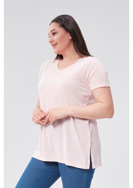 Sea Moda Büyük Beden V Yaka Yırtmaçlı Pamuk Basic Tshirt-Pudra Pembe