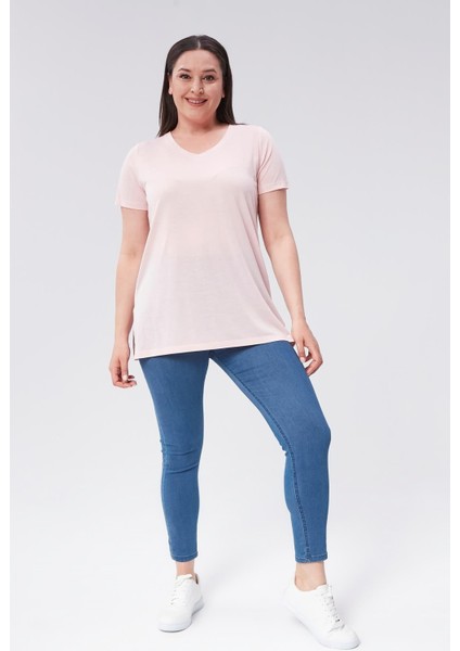 Sea Moda Büyük Beden V Yaka Yırtmaçlı Pamuk Basic Tshirt-Pudra Pembe