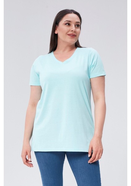 Sea Moda Büyük Beden V Yaka Yırtmaçlı Pamuk Basic Tshirt-Açık Turkuaz