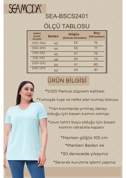 Sea Moda Büyük Beden V Yaka Yırtmaçlı Pamuk Basic Tshirt-Açık Turkuaz