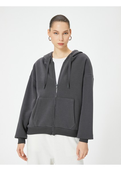 Kapüşonlu Fermuarlı Oversize Sweatshirt Kanguru Cepli