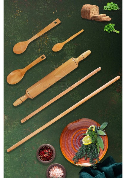 Zümrüt Serisi Ahşap Hamur Açma Oklavası Merdanesi Ahşap Kaşık Seti 6 Lı Set Zmrset5