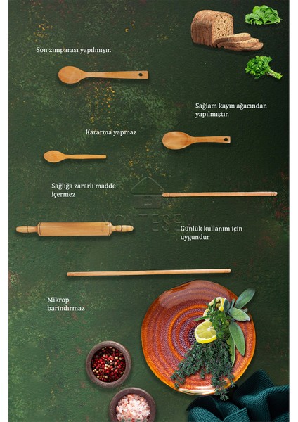 Zümrüt Serisi Ahşap Hamur Açma Oklavası Merdanesi Ahşap Kaşık Seti 6 Lı Set Zmrset5 indirimleri