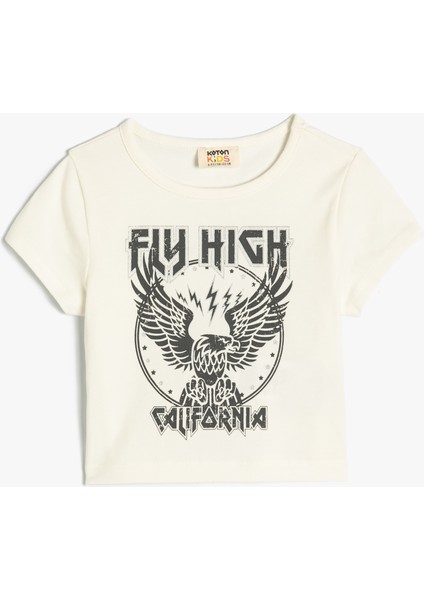 Crop Tişört Kısa Kollu Bisiklet Yaka Baskılı Pamuklu