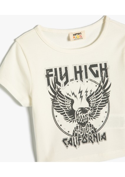 Crop Tişört Kısa Kollu Bisiklet Yaka Baskılı Pamuklu modelleri