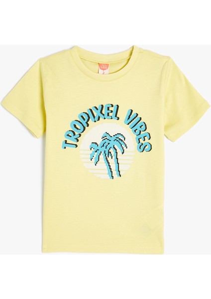 Tişört Tropik Baskılı Kısa Kollu Bisiklet Yaka Pamuklu