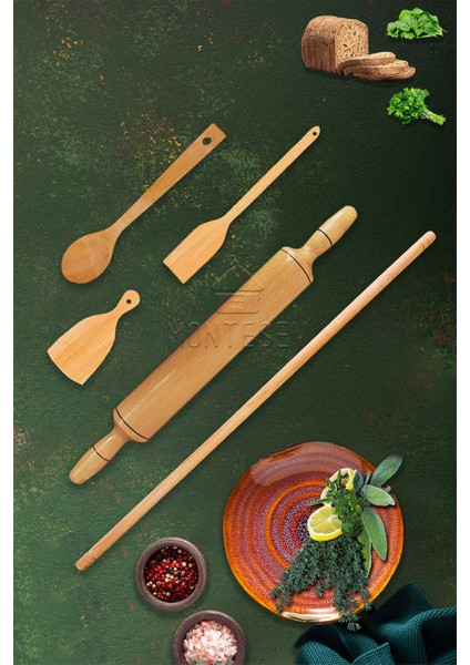 Zümrüt Serisi Ahşap Hamur Açma Oklavası Merdanesi Tahta Kaşık Börek Seti 5 Li Set ZMRSET14