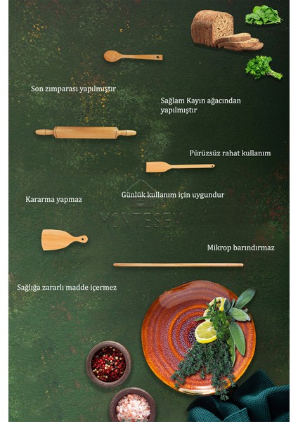 Zümrüt Serisi Ahşap Hamur Açma Oklavası Merdanesi Tahta Kaşık Börek Seti 5 Li Set ZMRSET14 indirimleri