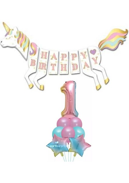 Unicorn 1 Yaş Happy Birthday Gökkuşağı