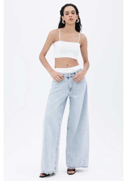 Sevgi Acar Mavi Kontras Boxer Detaylı Bol Denim Pantolon %100 Pamuk