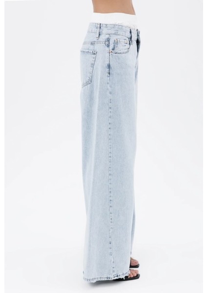 Sevgi Acar Mavi Kontras Boxer Detaylı Bol Denim Pantolon %100 Pamuk