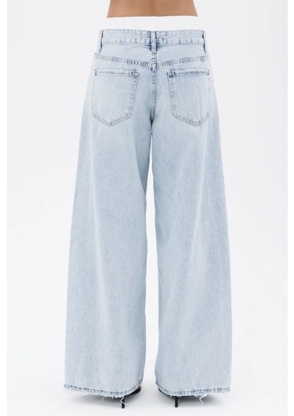 Sevgi Acar Mavi Kontras Boxer Detaylı Bol Denim Pantolon %100 Pamuk