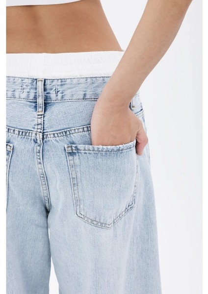 Sevgi Acar Mavi Kontras Boxer Detaylı Bol Denim Pantolon %100 Pamuk