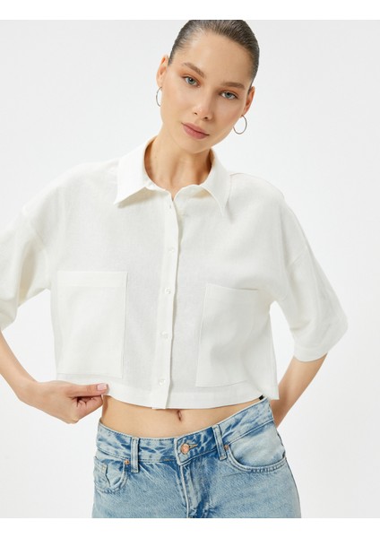 Crop Keten Gömlek Dirsek Boy Kısa Kollu Cepli Rahat Kalıp