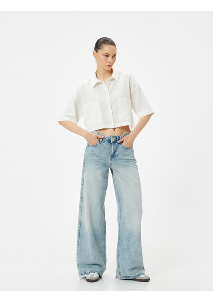 Crop Keten Gömlek Dirsek Boy Kısa Kollu Cepli Rahat Kalıp fiyatları